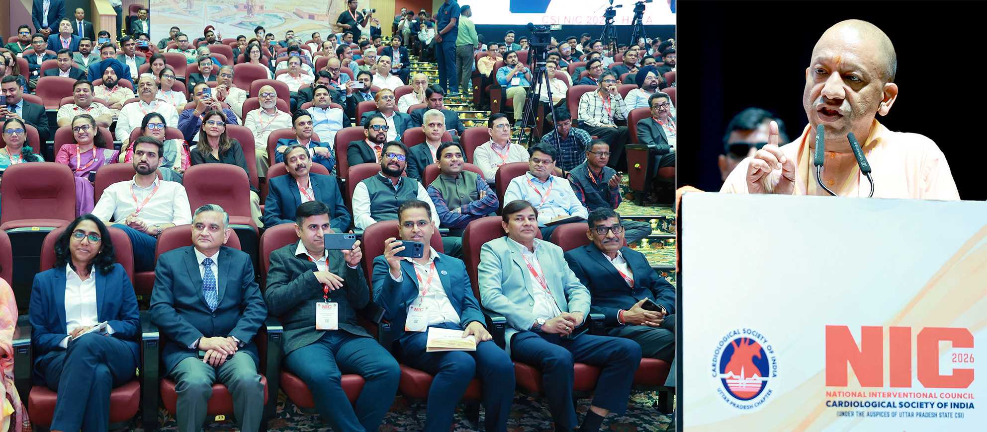Hon'ble Chief Minister Yogi Adityanath addressing the inaugural ceremony of the National Interventional Council 2026—organized by the Cardiology Society of India—at the Atal Bihari Vajpayee Medical University, Chak Ganjariya Road, Golf City (CG), Sultanpur Road, Lucknow, on April 10, 2026.