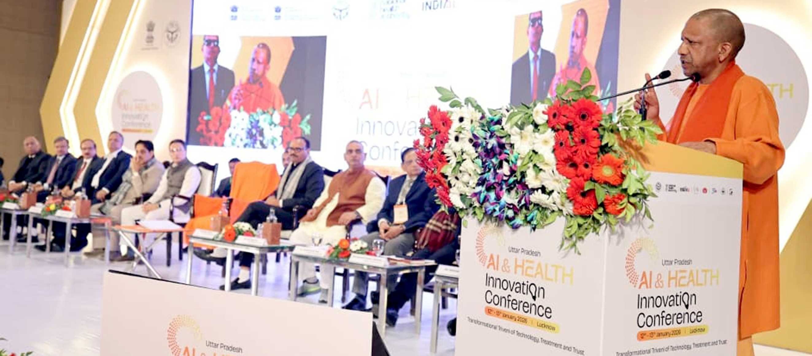 Hon'ble Chief Minister Yogi Adityanath addressing the inaugural function of the Uttar Pradesh AI and Health Innovation Summit as part of the Global AI Impact Summit-2026, being organised for the first time in the country, at The Centrum, Lucknow on January 12, 2026.