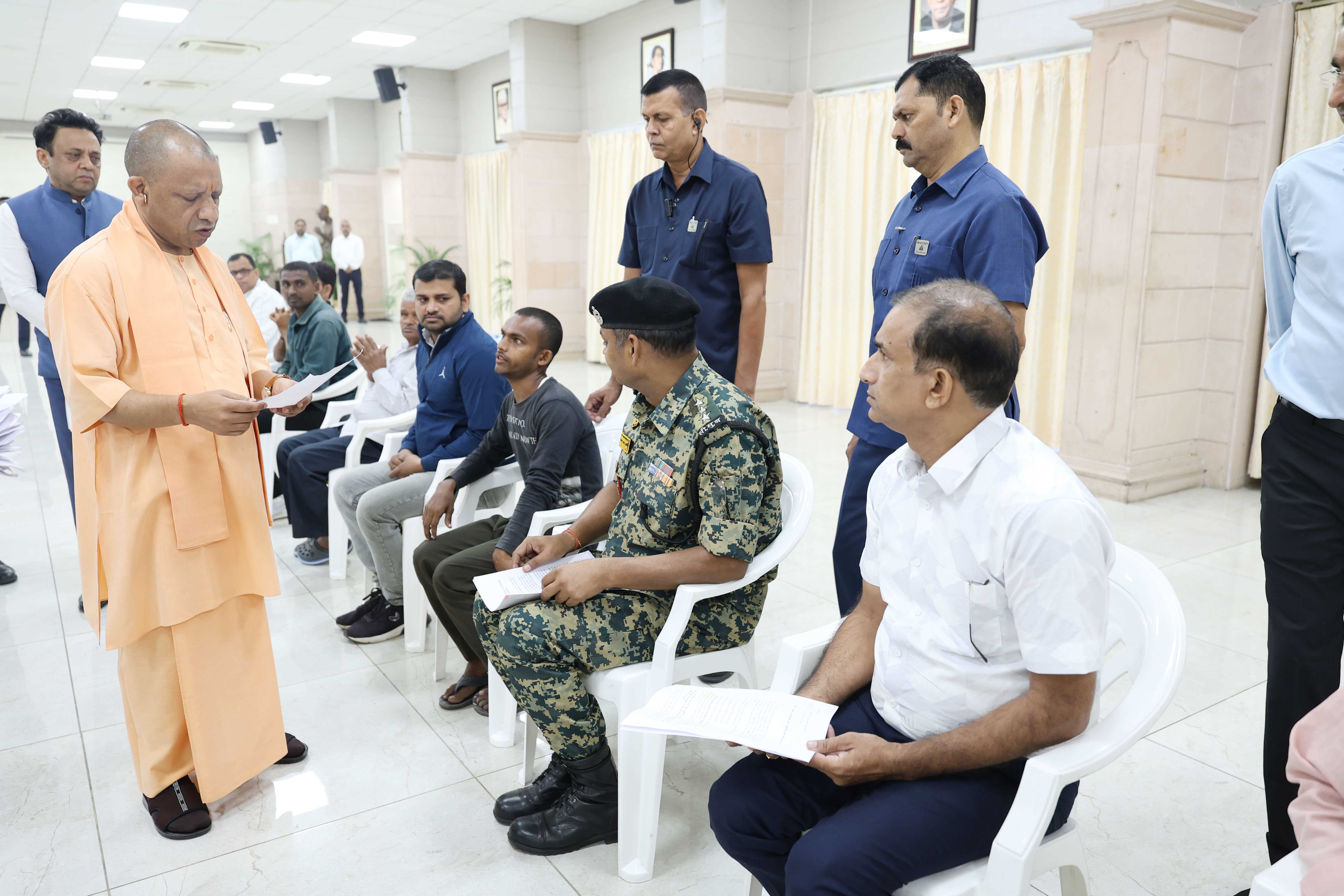 Hon'ble Chief Minister Yogi Adityanath ji listening to the problems of the people in Janta Darshan organized at his official residence 5- Kalidas Marg, Lucknow on October 13, 2025 and giving instructions to the concerned officials to resolve the public problems on priority basis.