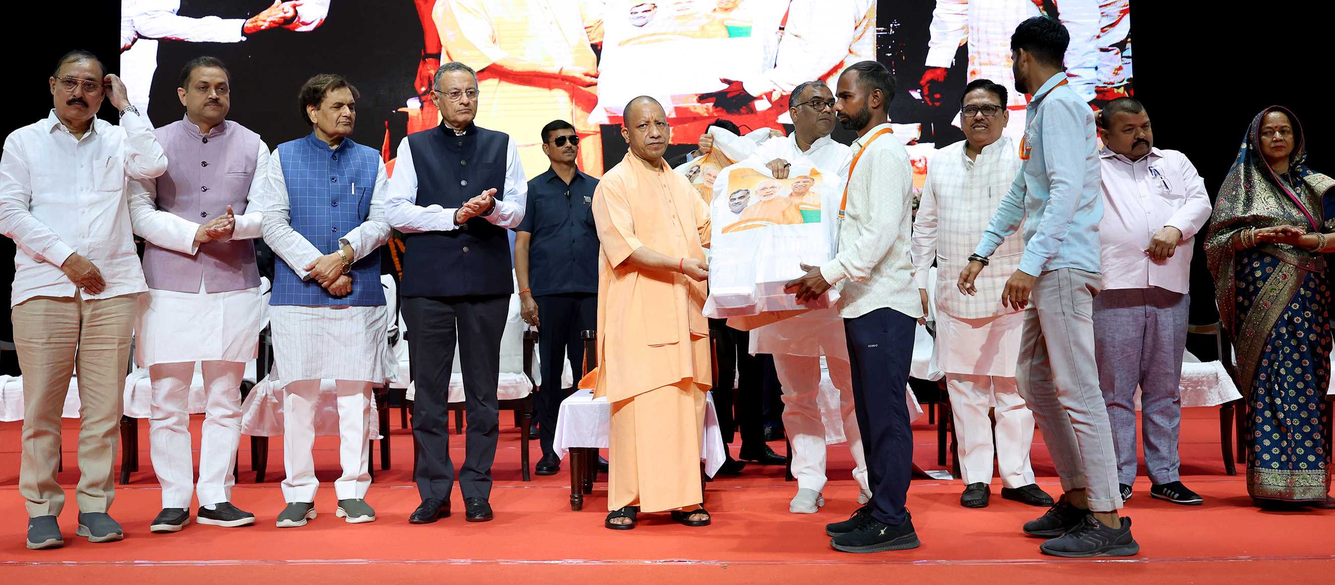 Hon'ble Chief Minister Yogi Adityanath attending the program of distribution of incentive sports material to Yuvak and Mahila Mangal Dals at Indira Gandhi Pratishthan, Gomti Nagar, Lucknow on October 13, 2025.