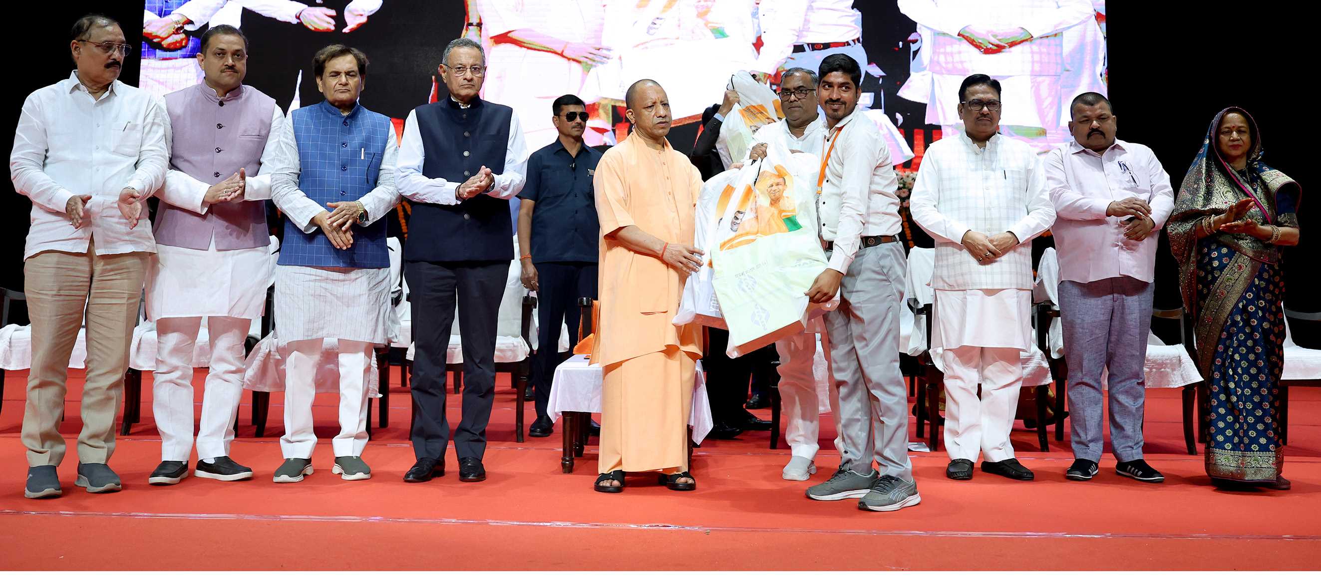 Hon'ble Chief Minister Yogi Adityanath attending the program of distribution of incentive sports material to Yuvak and Mahila Mangal Dals at Indira Gandhi Pratishthan, Gomti Nagar, Lucknow on October 13, 2025.