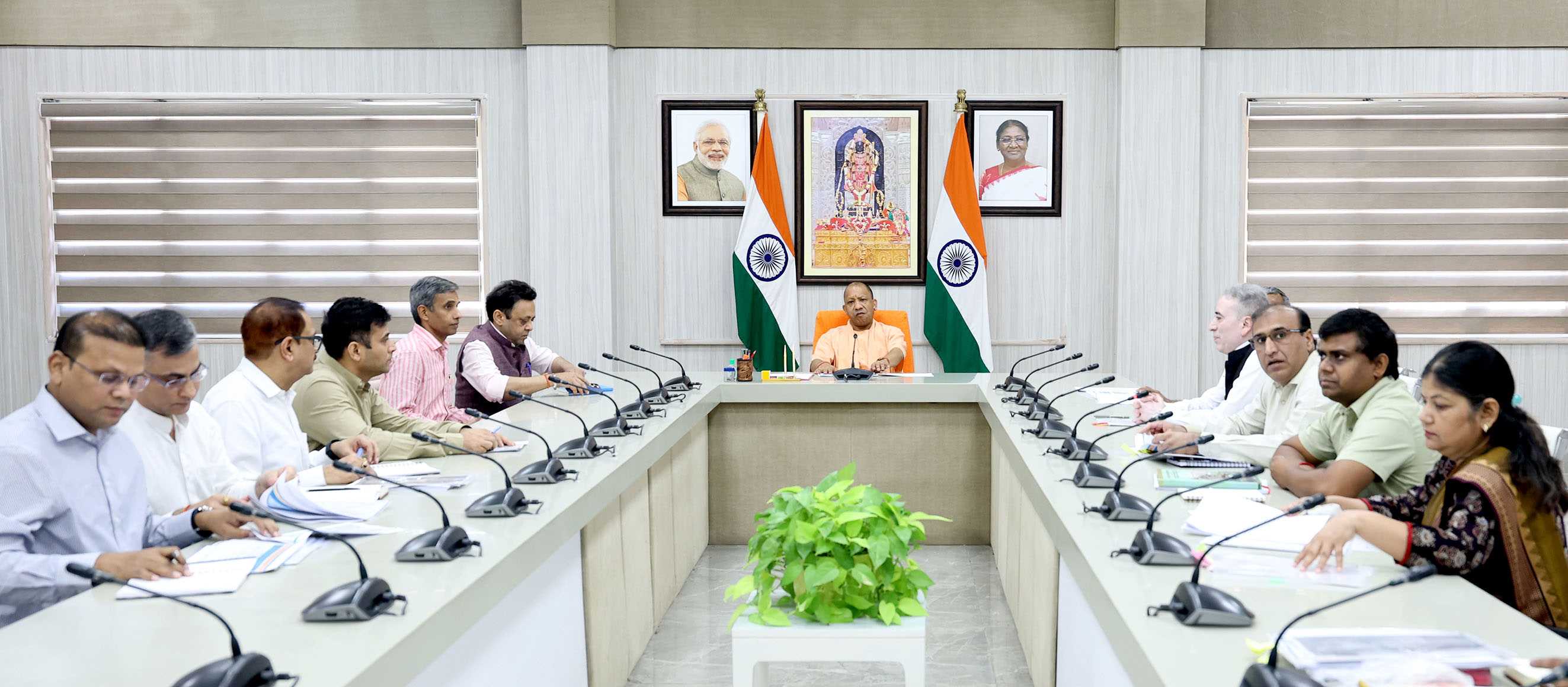 Hon'ble Chief Minister Yogi Adityanath holding a review meeting regarding increasing the OSR (On Source of Revenue) of Panchayats at his official residence 5- Kalidas Marg, Lucknow on October 14, 2025.