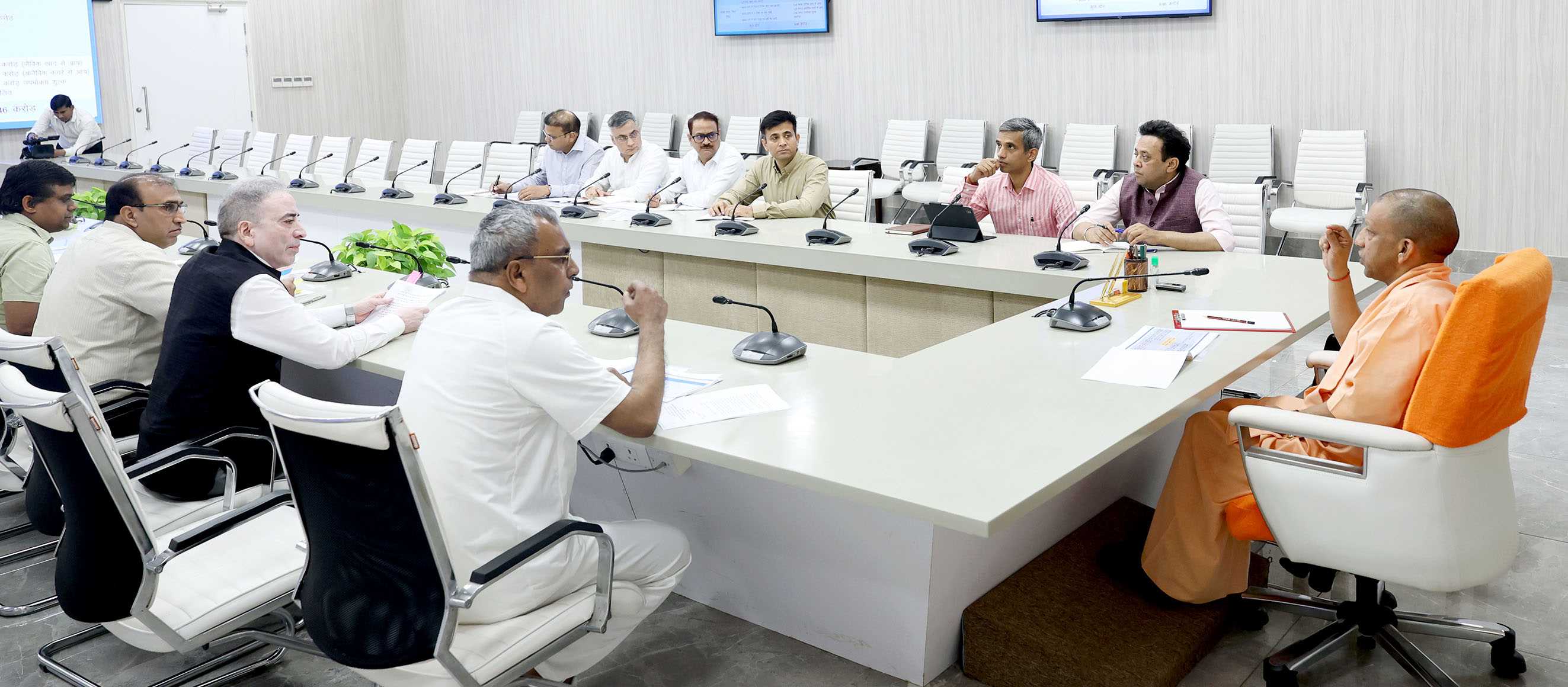 Hon'ble Chief Minister Yogi Adityanath holding a review meeting regarding increasing the OSR (On Source of Revenue) of Panchayats at his official residence 5- Kalidas Marg, Lucknow on October 14, 2025.
