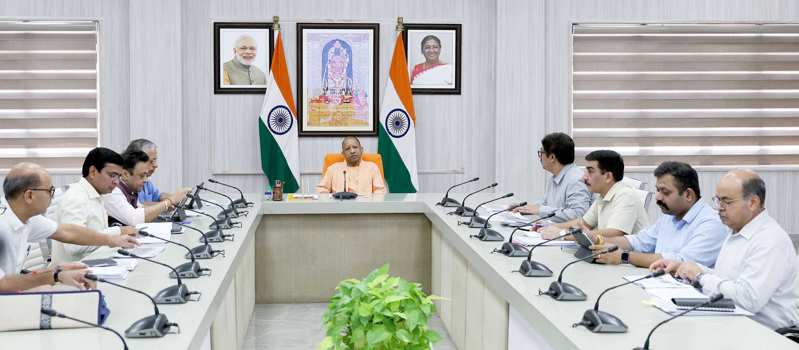 Hon'ble Chief Minister Yogi Adityanath holding a meeting of the Housing Department at his official residence 5- Kalidas Marg, Lucknow on October 14, 2025.