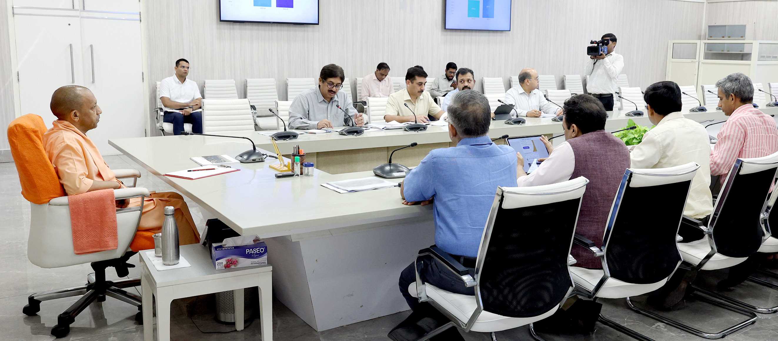Hon'ble Chief Minister Yogi Adityanath holding a meeting of the Housing Department at his official residence 5- Kalidas Marg, Lucknow on October 14, 2025.