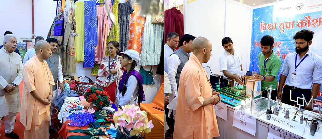 Hon'ble Chief Minister Yogi Adityanath ji observing the exhibition organized on the occasion of World Youth Skills Day at Indira Gandhi Pratishthan, Gomti Nagar, Lucknow on July 15, 2025.