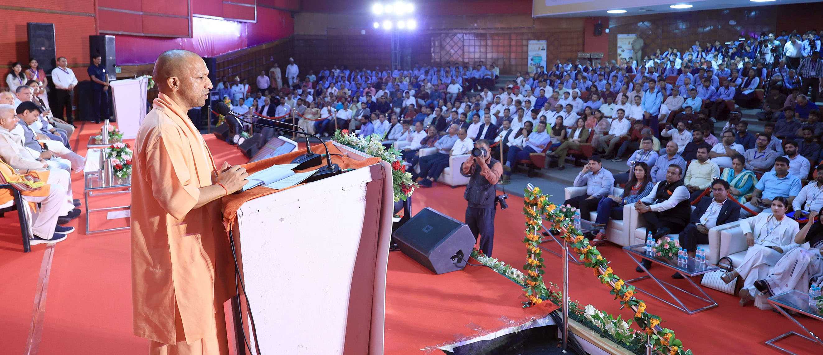 Hon'ble Chief Minister Yogi Adityanath ji addressing the inauguration program of Skill Fair for trainees related to AI innovation in skill development training centers of all 75 districts on the occasion of World Youth Skills Day at Indira Gandhi Pratishthan, Gomti Nagar, Lucknow on July 15, 2025.