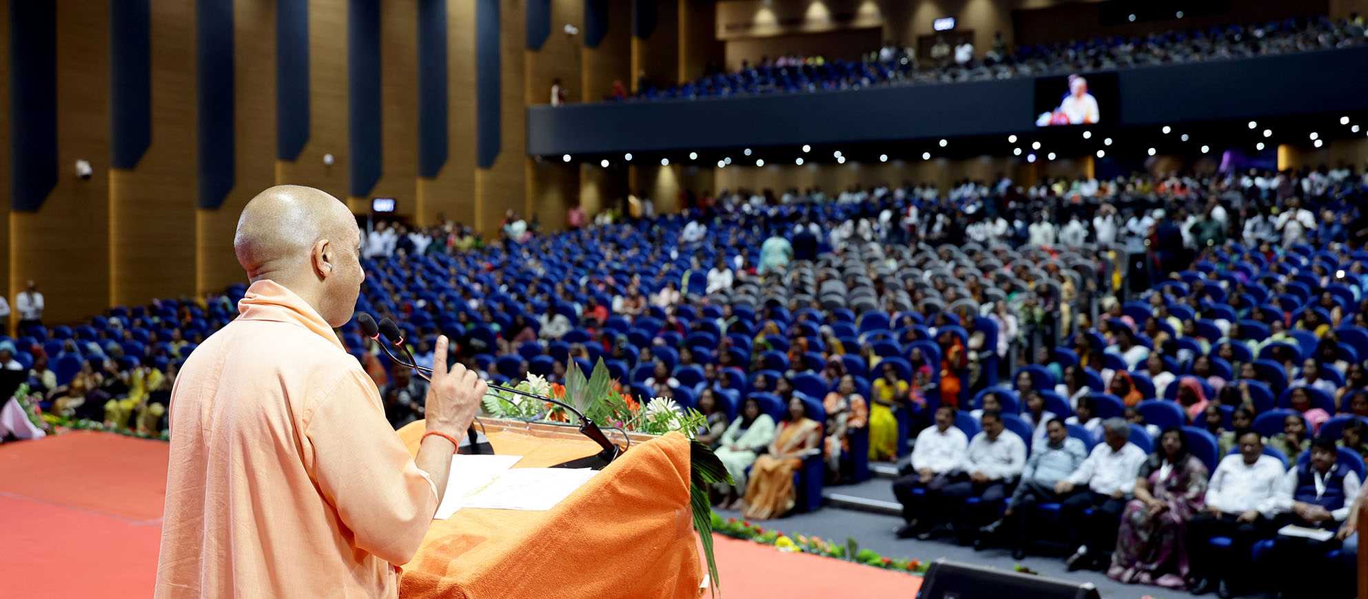 Hon'ble Chief Minister Yogi Adityanath ji addressing the launch programme of 'Lokmata Ahilyabai Matrishakti Yatra' scheme, which provides free bus travel facility to women of 60 years and above in Uttar Pradesh, at Indira Gandhi Pratishthan, Lucknow on August 26, 2026.